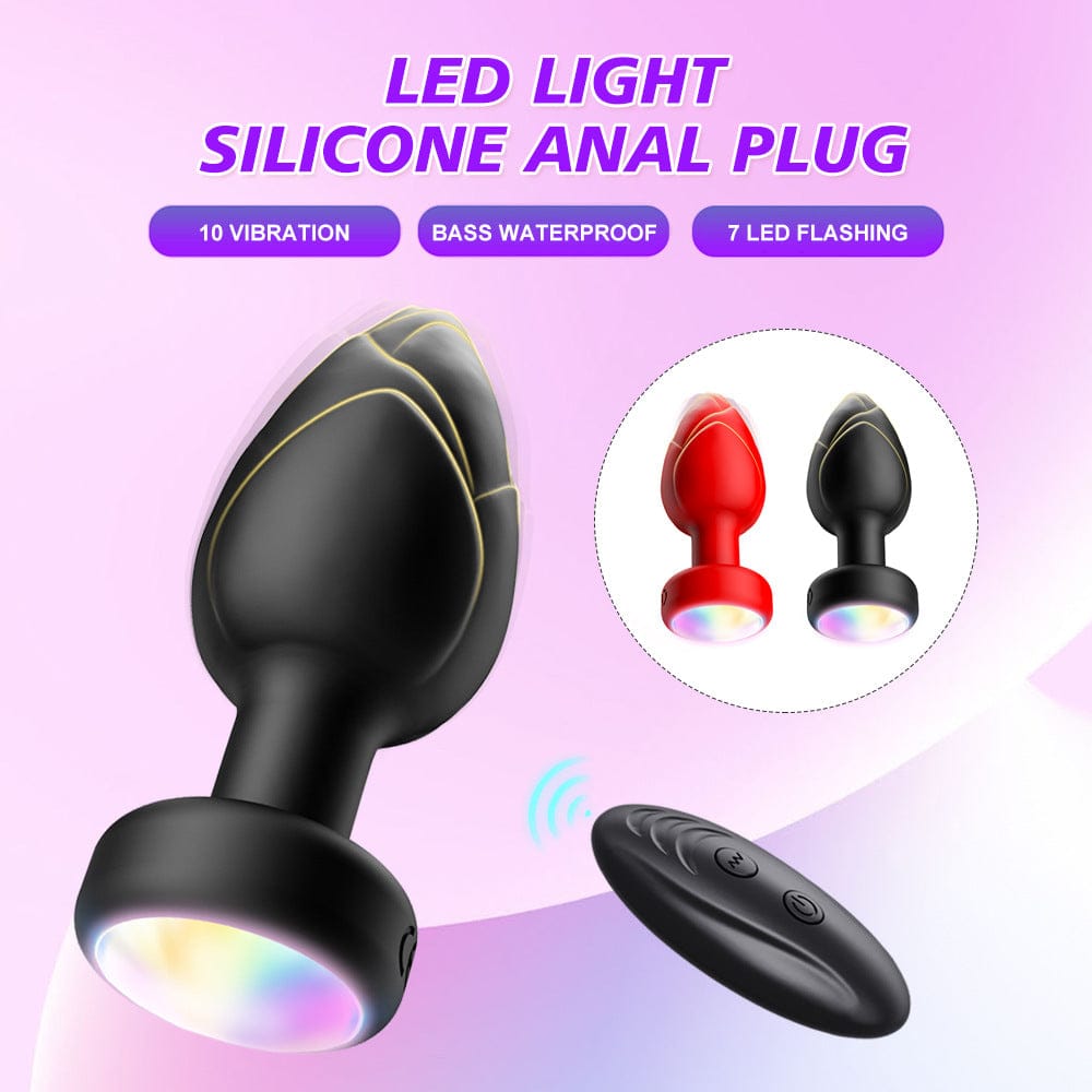Black LED Vibrating Anal Plug with Remote - 10 Speeds 7 Light Modes Waterproof