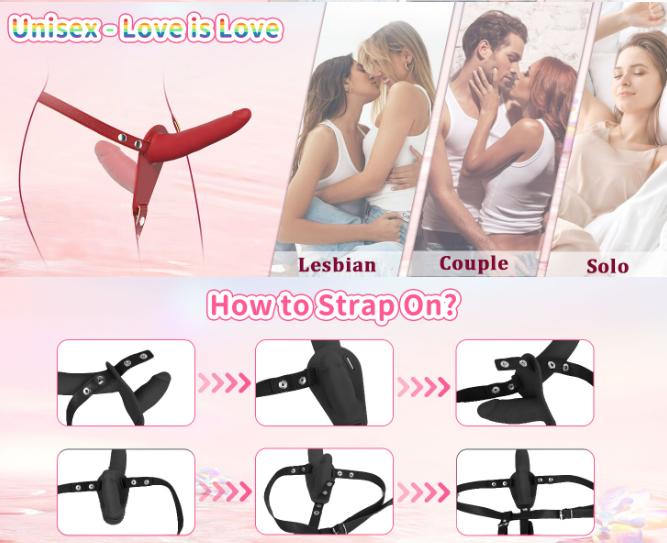 Red Dual-Ended Silicone Strap-On Dildo with Adjustable Leather Harness