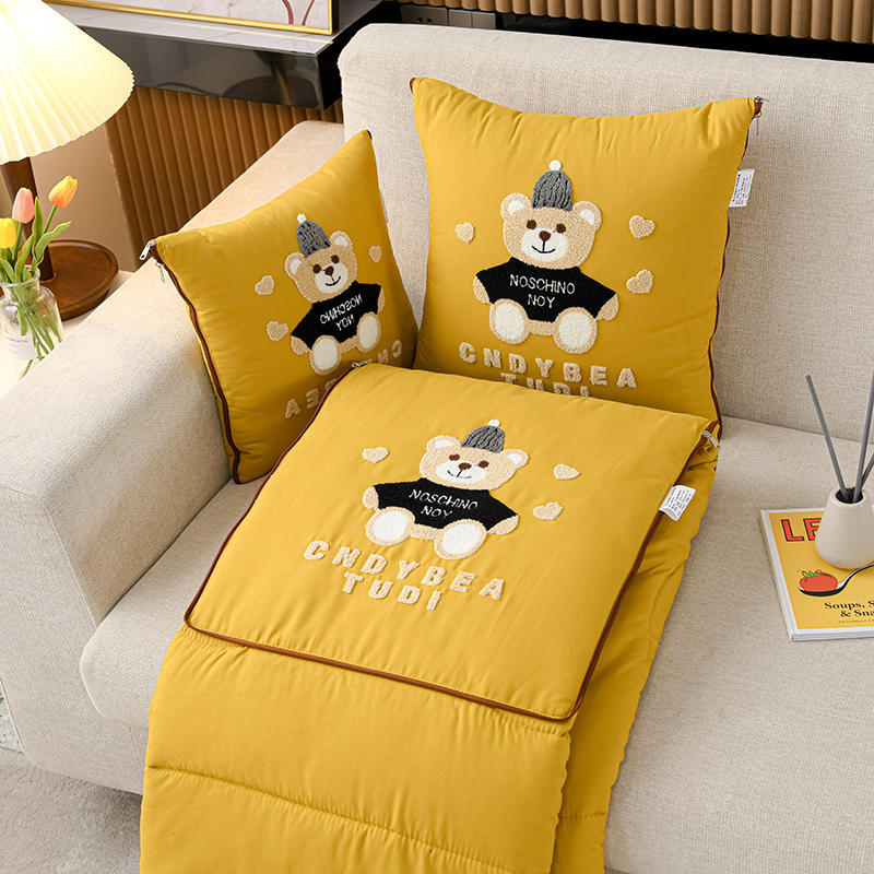Yellow Cap Bear 2-in-1 Car Pillow Blanket - Foldable Travel Cushion