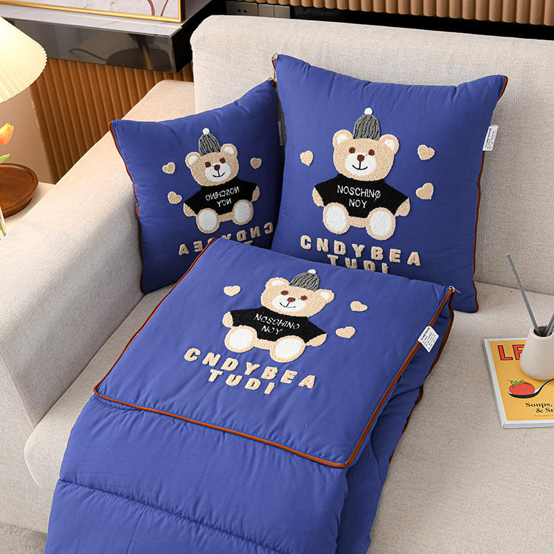 Navy Blue Cap Bear 2-in-1 Car Pillow Blanket - Foldable Travel Cushion