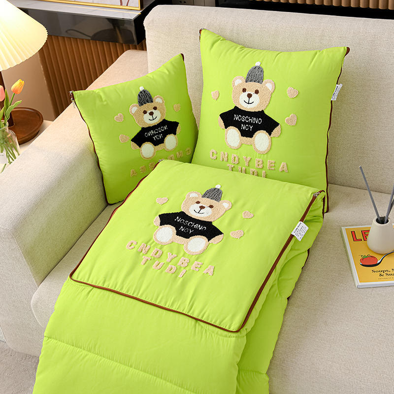 Green Cap Bear 2-in-1 Car Pillow Blanket - Foldable Travel Cushion