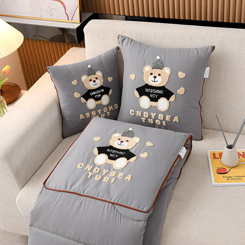 Grey Cap Bear 2-in-1 Car Pillow Blanket - Foldable Travel Cushion