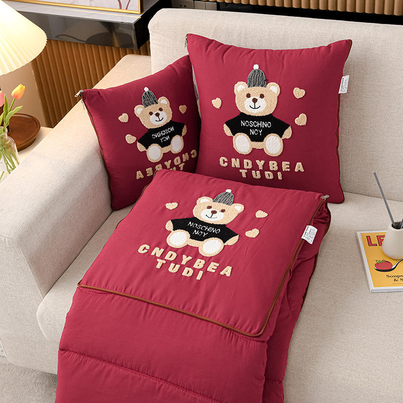 Wine Red Cap Bear 2-in-1 Car Pillow Blanket - Foldable Travel Cushion