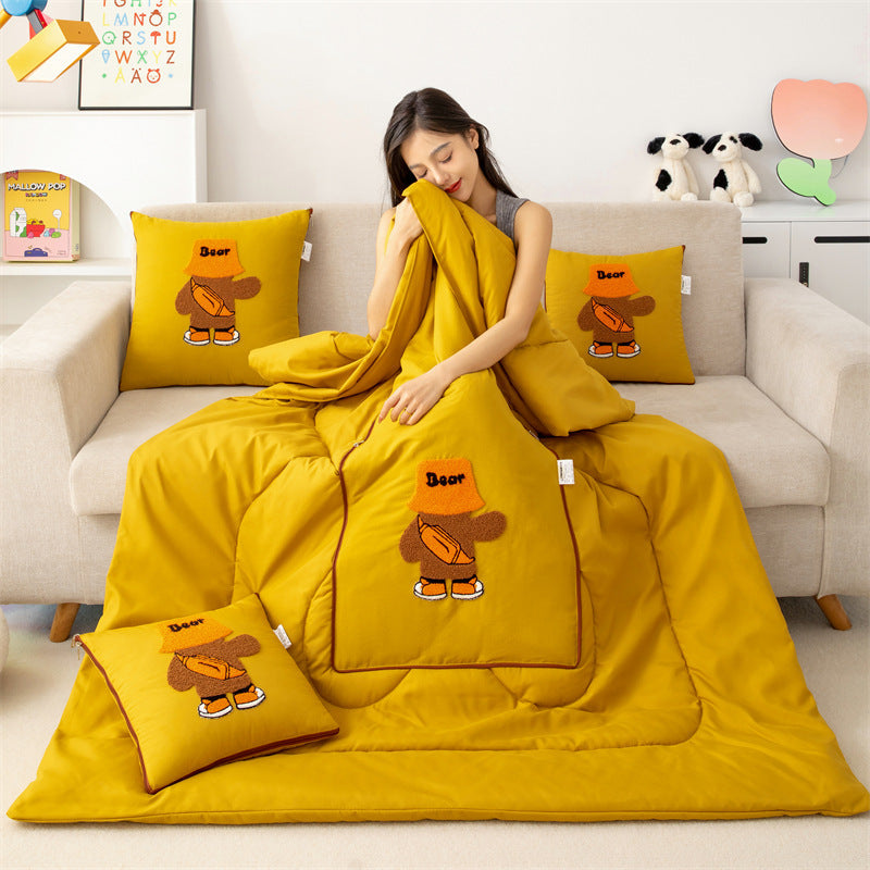 Yellow Fashion Bear 2-in-1 Car Pillow Blanket - Foldable Travel Cushion