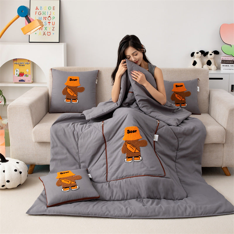 Grey Fashion Bear 2-in-1 Car Pillow Blanket - Foldable Travel Cushion
