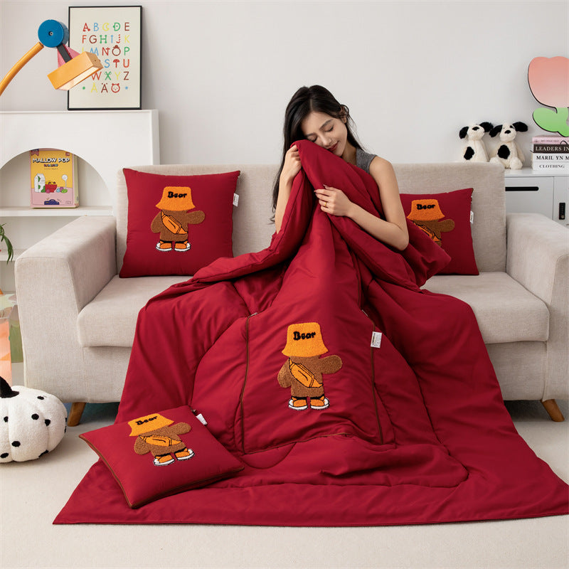Wine Red Fashion Bear 2-in-1 Car Pillow Blanket - Foldable Travel Cushion