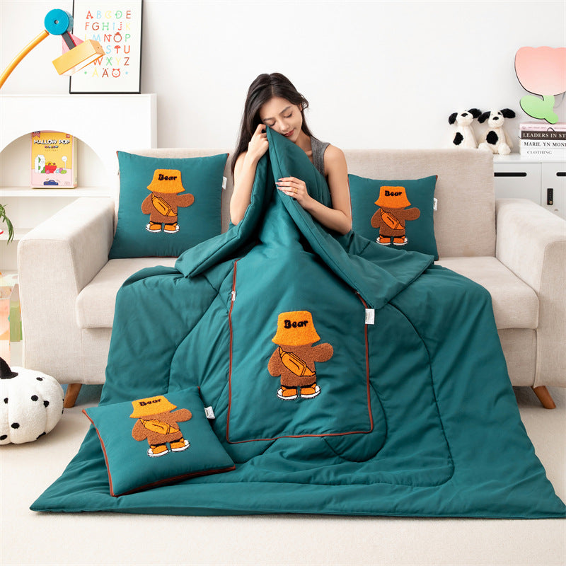 Green Fashion Bear 2-in-1 Car Pillow Blanket - Foldable Travel Cushion
