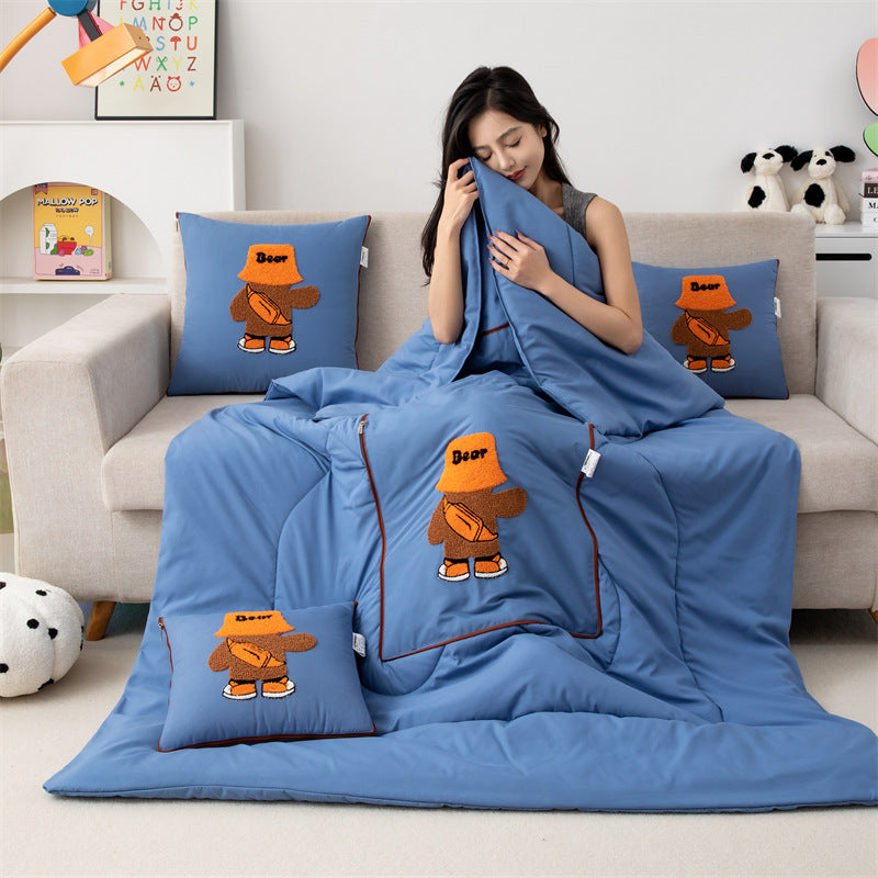 Lake Blue Fashion Bear 2-in-1 Car Pillow Blanket - Foldable Travel Cushion