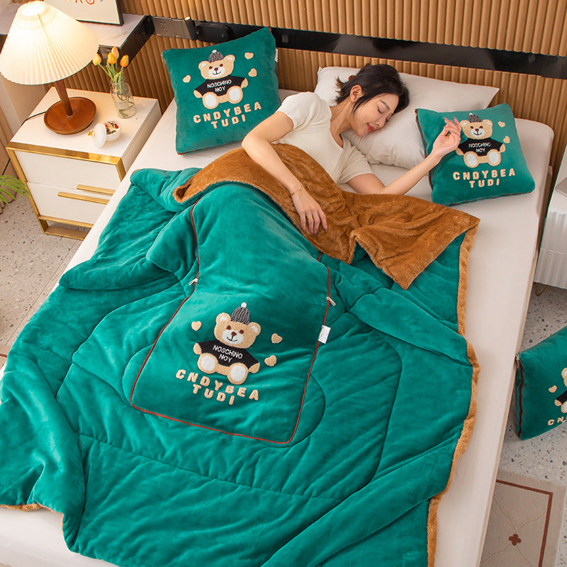 Dark Green Hat Bear 2-in-1 Car Pillow Blanket - Padded Foldable Travel Cushion
