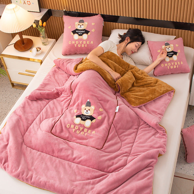 Pink Hat Bear 2-in-1 Car Pillow Blanket - Padded Foldable Travel Cushion