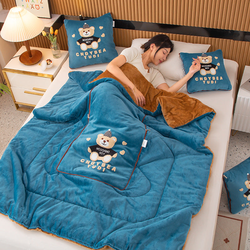 Lake Blue Hat Bear 2-in-1 Car Pillow Blanket - Padded Foldable Travel Cushion