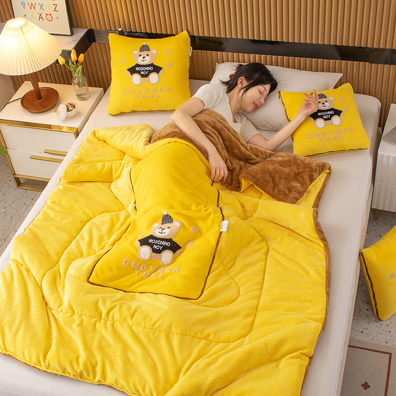 Yellow Hat Bear 2-in-1 Car Pillow Blanket - Padded Foldable Travel Cushion