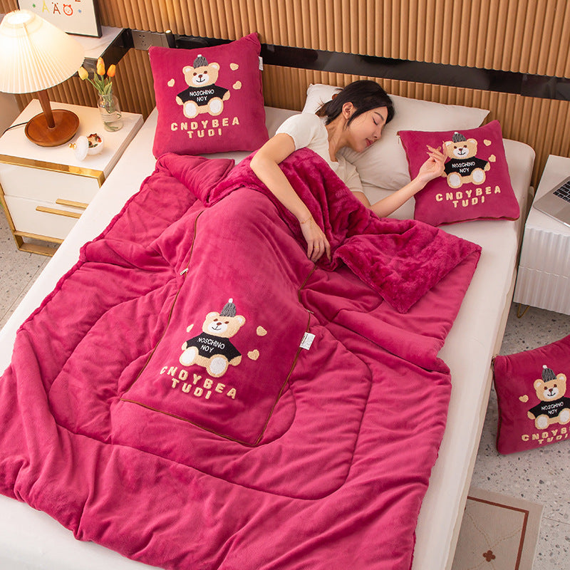 Rose Red Hat Bear 2-in-1 Car Pillow Blanket - Padded Foldable Travel Cushion