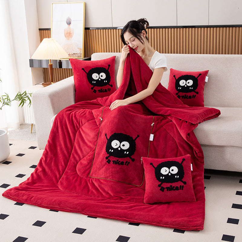 Wine Red Elf 2-in-1 Car Pillow Blanket - Padded Foldable Travel Cushion