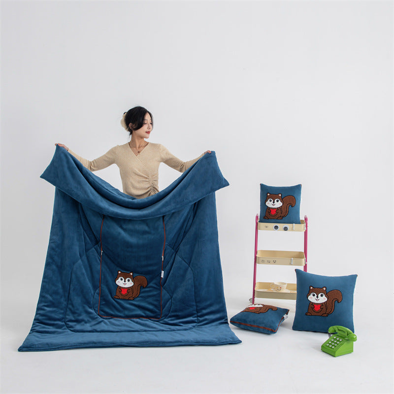 Blue Little Squirrel 2-in-1 Car Pillow Blanket - Foldable Travel Cushion