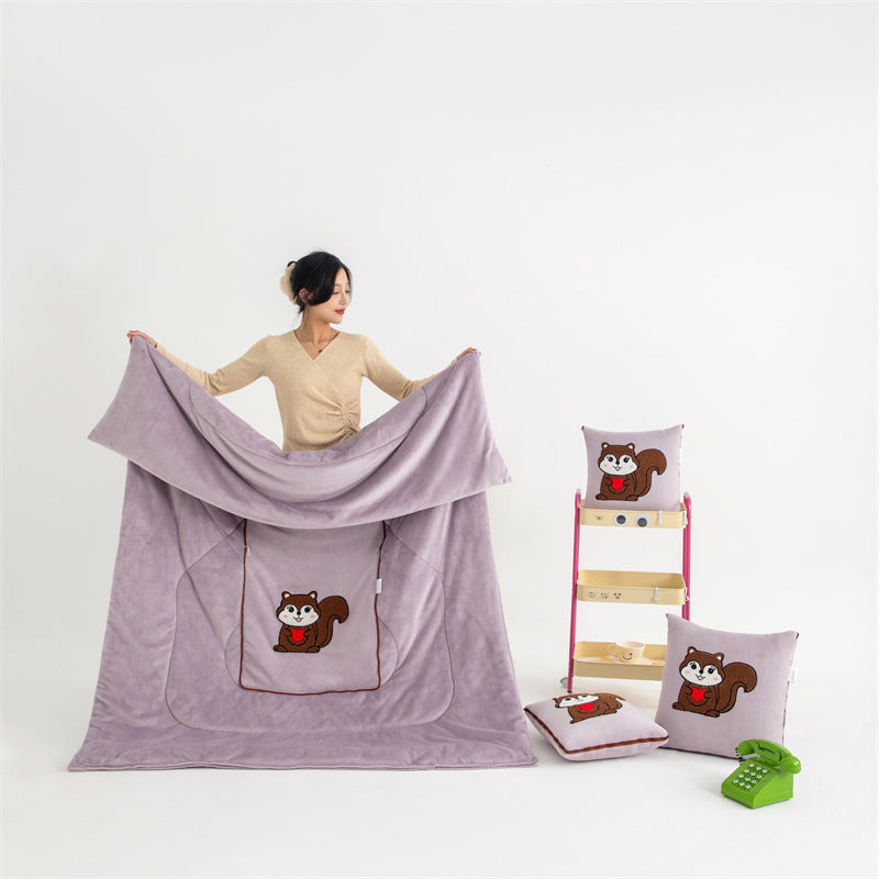 Light Pink Little Squirrel 2-in-1 Car Pillow Blanket - Foldable Travel Cushion