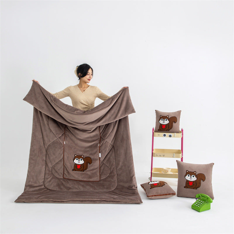 Coffee Brown Little Squirrel 2-in-1 Car Pillow Blanket - Foldable Travel Cushion