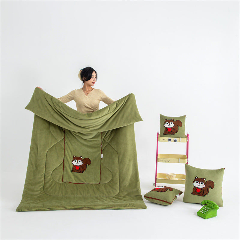 Green Little Squirrel 2-in-1 Car Pillow Blanket - Foldable Travel Cushion