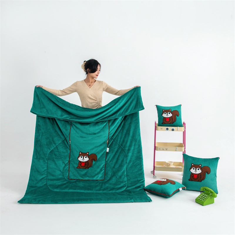 Dark Green Little Squirrel 2-in-1 Car Pillow Blanket - Foldable Travel Cushion