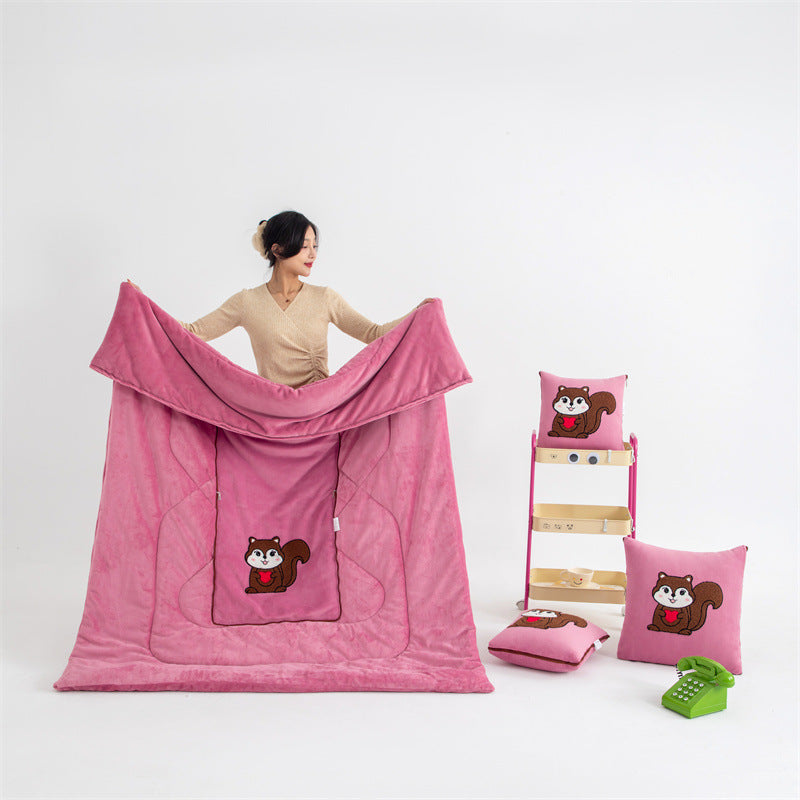 Pink Little Squirrel 2-in-1 Car Pillow Blanket - 40x40cm Pillow / 100x150cm Blanket