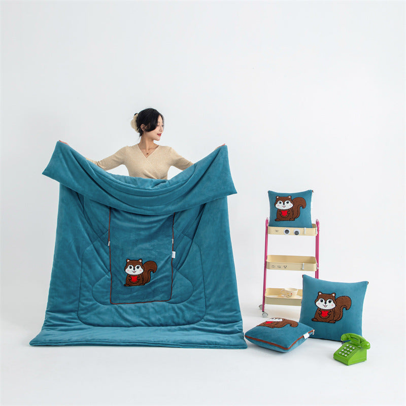 Blue Little Squirrel 2-in-1 Car Pillow Blanket - 40x40cm Pillow / 100x150cm Blanket