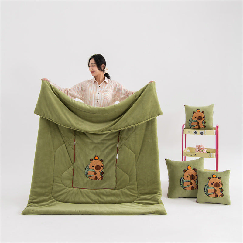 Green Kapybara 2-in-1 Car Pillow Blanket - Foldable Travel Cushion