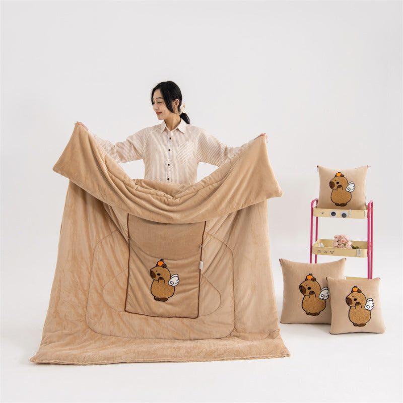 Light Coffee Kapybara 2-in-1 Car Pillow Blanket - Foldable Travel Cushion