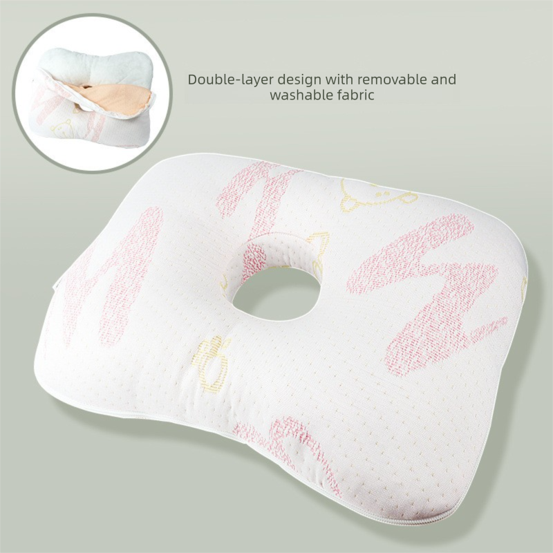 White & Pink Ear Pillow with Hole for Side Sleepers - Pressure Relief Washable