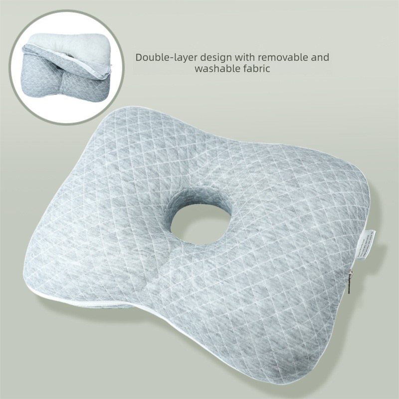 Grey Ear Pillow with Hole for Side Sleepers - Pressure Relief Washable Cover