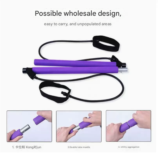 Purple Pilates Bar Kit with Resistance Bands - Detachable Toning Stick Metal Core