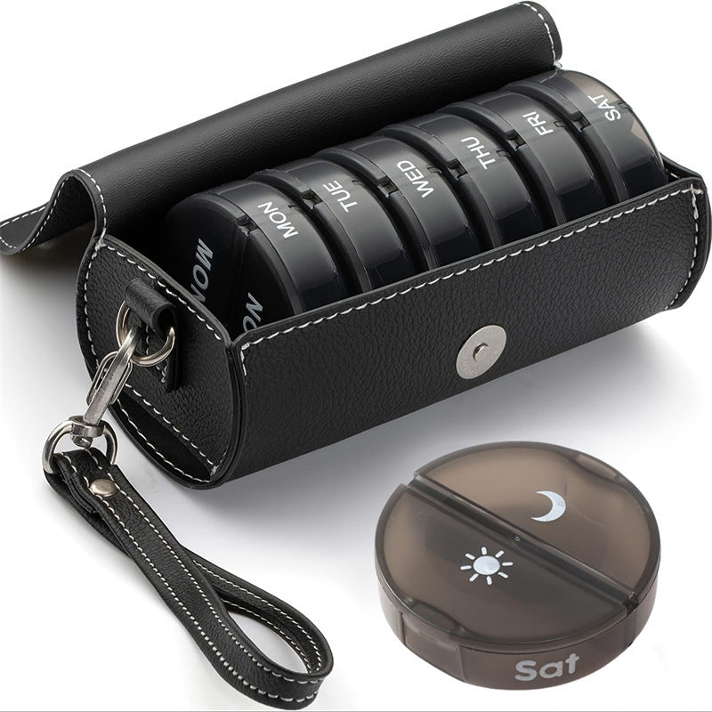 7-Day Travel Pill Organizer - Black PU Leather Pouch 14 Black Compartments AM/PM