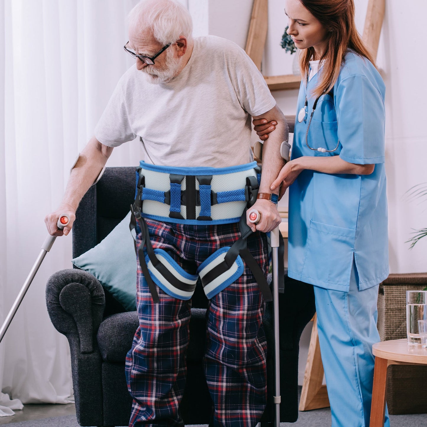 Size L Blue Rehab Waist Belt - Gait & Transfer Aid for Elderly & Post-Stroke