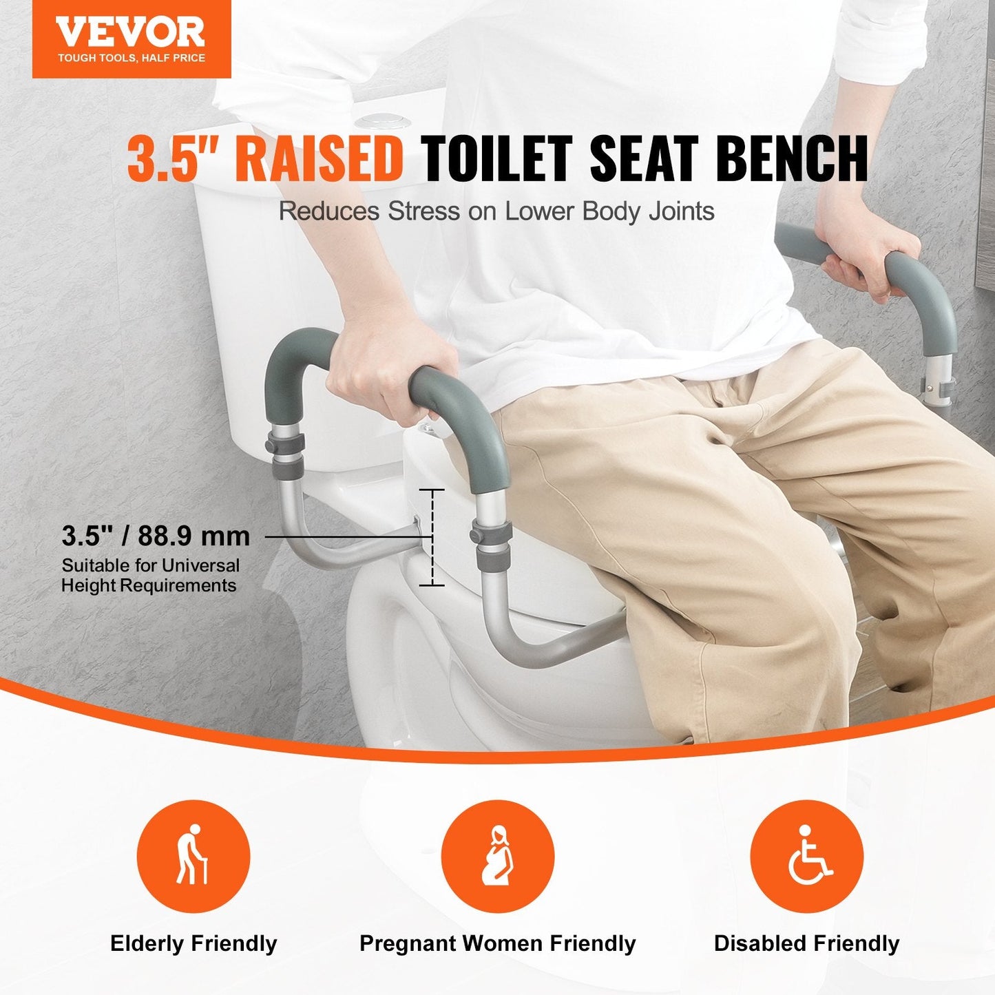 Raised Toilet Seat,88.9 mm Height Raised, 136 kg Weight Capacity, for Standard Round Toilet, Aluminum Handrail, with EVA Armrest Padding, for Elderly, Handicap, Patient, Pregnant, Medical