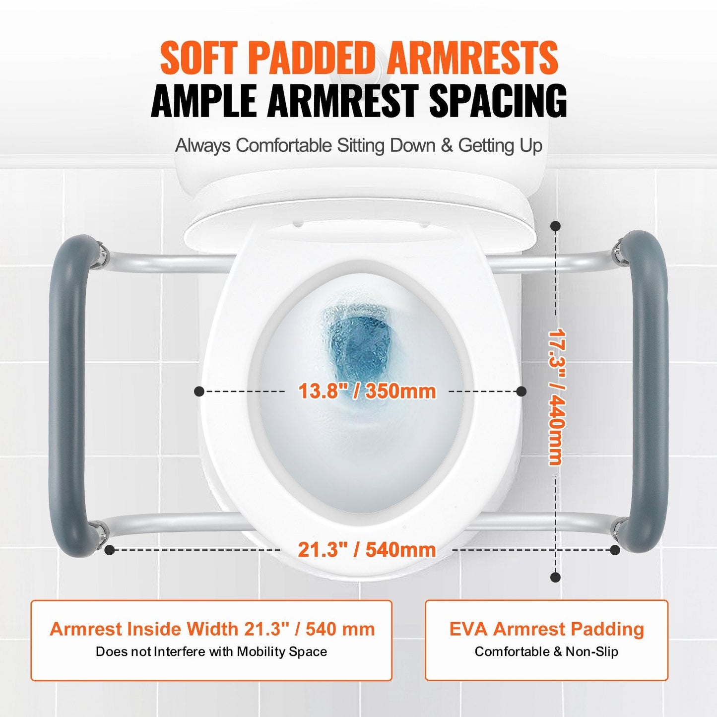 Raised Toilet Seat,88.9 mm Height Raised, 136 kg Weight Capacity, for Standard Round Toilet, Aluminum Handrail, with EVA Armrest Padding, for Elderly, Handicap, Patient, Pregnant, Medical