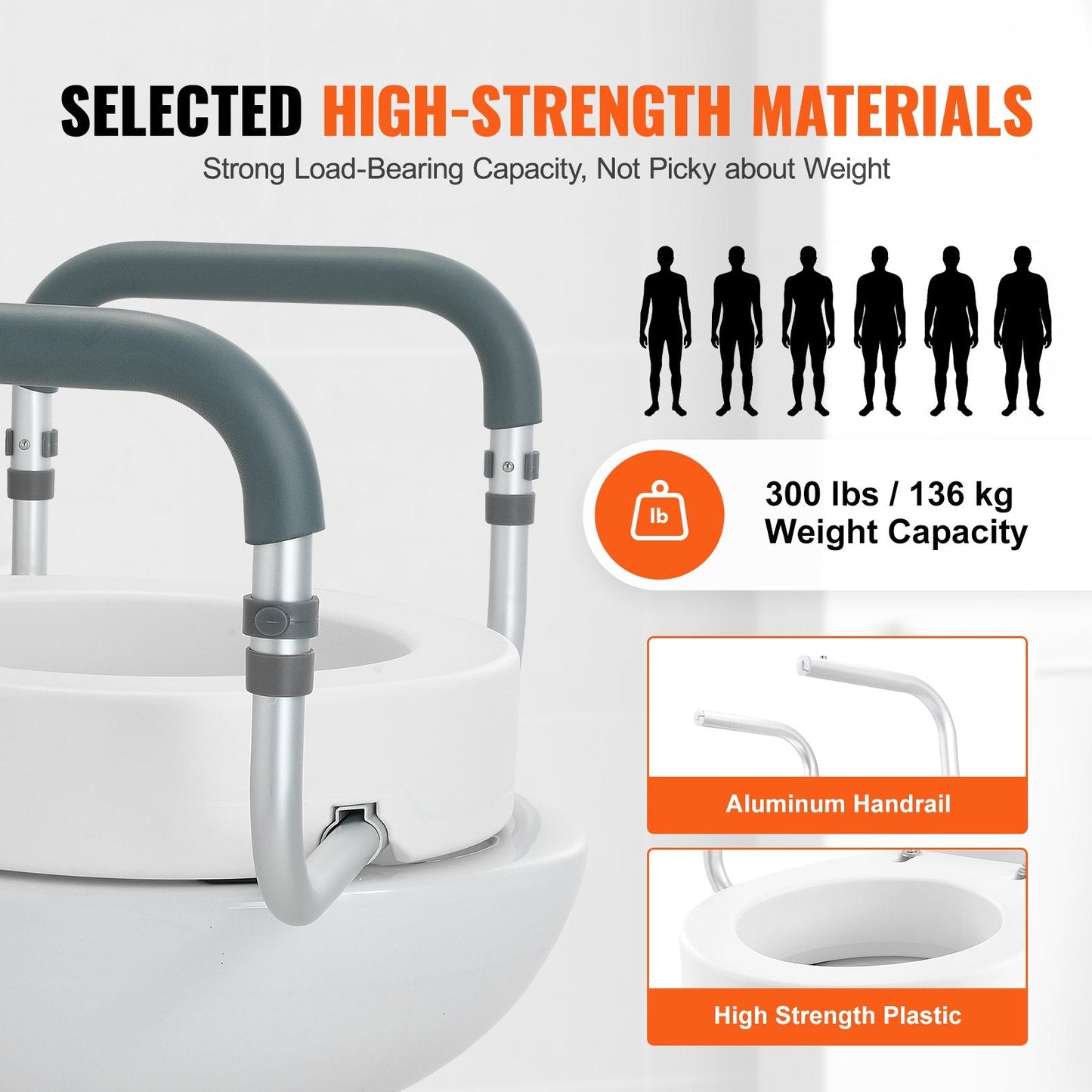 Raised Toilet Seat,88.9 mm Height Raised, 136 kg Weight Capacity, for Standard Round Toilet, Aluminum Handrail, with EVA Armrest Padding, for Elderly, Handicap, Patient, Pregnant, Medical