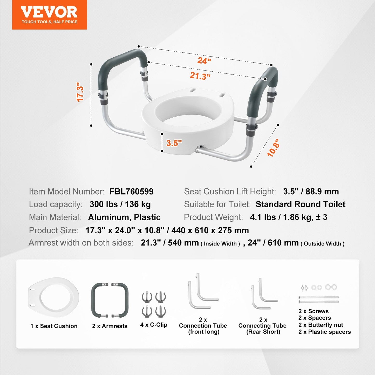 Raised Toilet Seat,88.9 mm Height Raised, 136 kg Weight Capacity, for Standard Round Toilet, Aluminum Handrail, with EVA Armrest Padding, for Elderly, Handicap, Patient, Pregnant, Medical