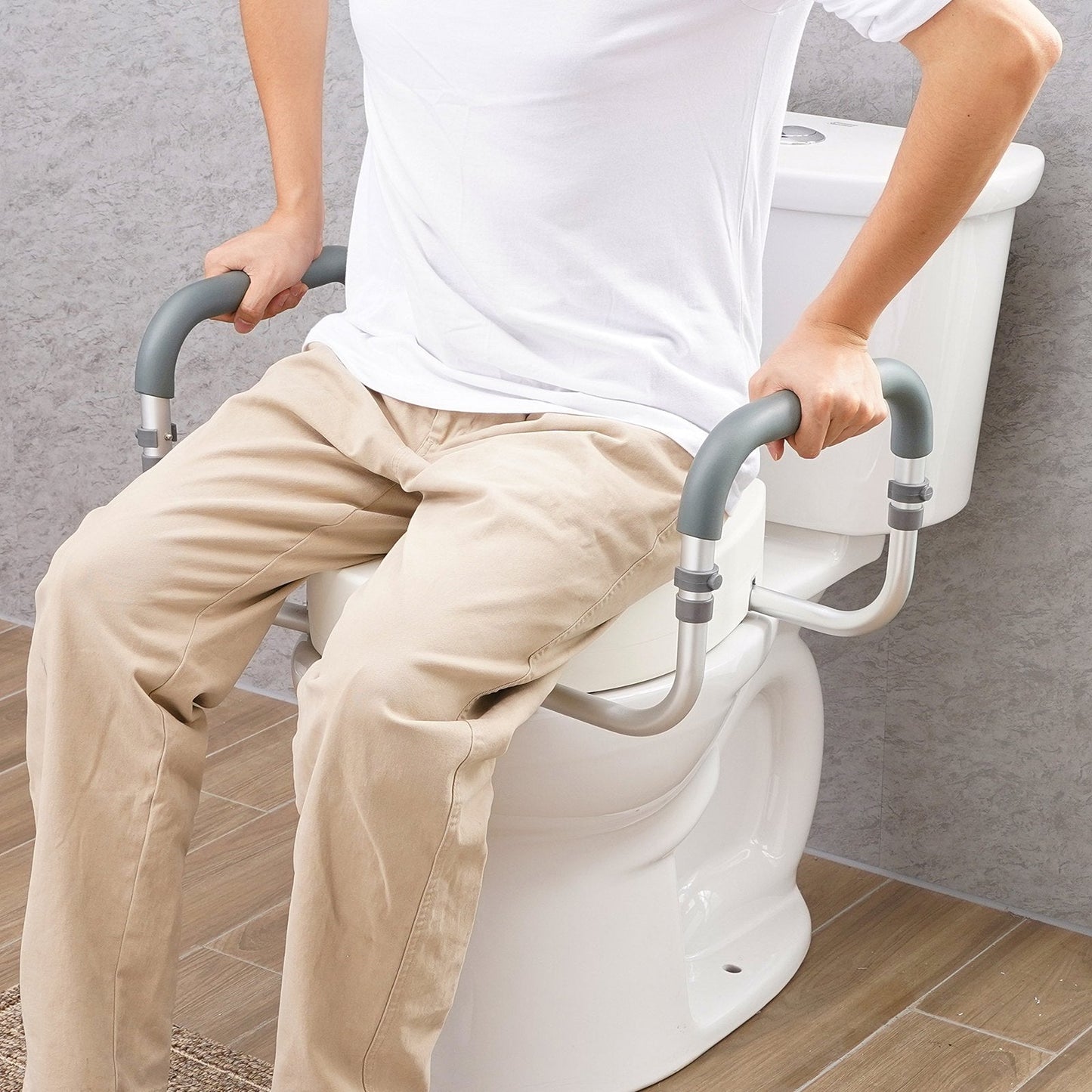Raised Toilet Seat,88.9 mm Height Raised, 136 kg Weight Capacity, for Standard Round Toilet, Aluminum Handrail, with EVA Armrest Padding, for Elderly, Handicap, Patient, Pregnant, Medical