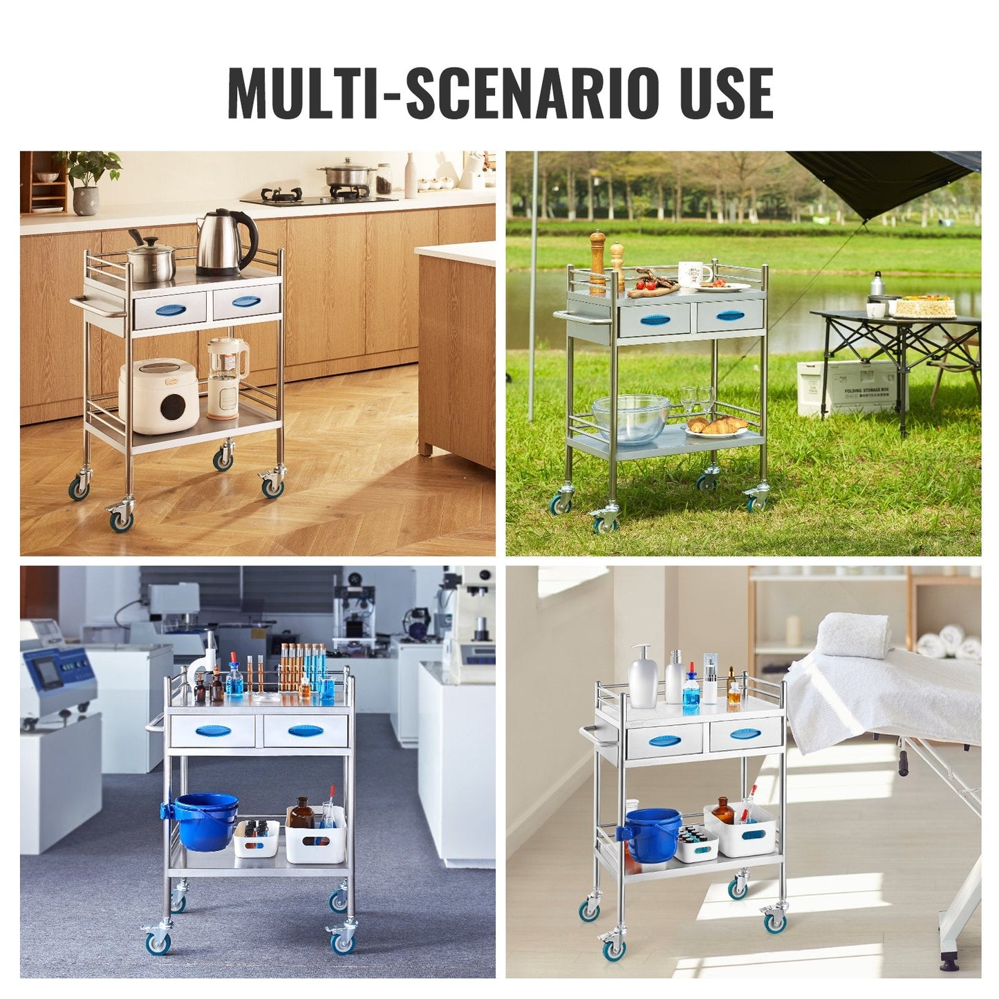 Lab Serving Cart, 2 Layers Stainless Steel Utility Rolling Cart, Medical Cart with Two Drawers, Dental Utility Cart with Lockable Wheels and A Bucket, for Laboratory, Hospital, Dental Use