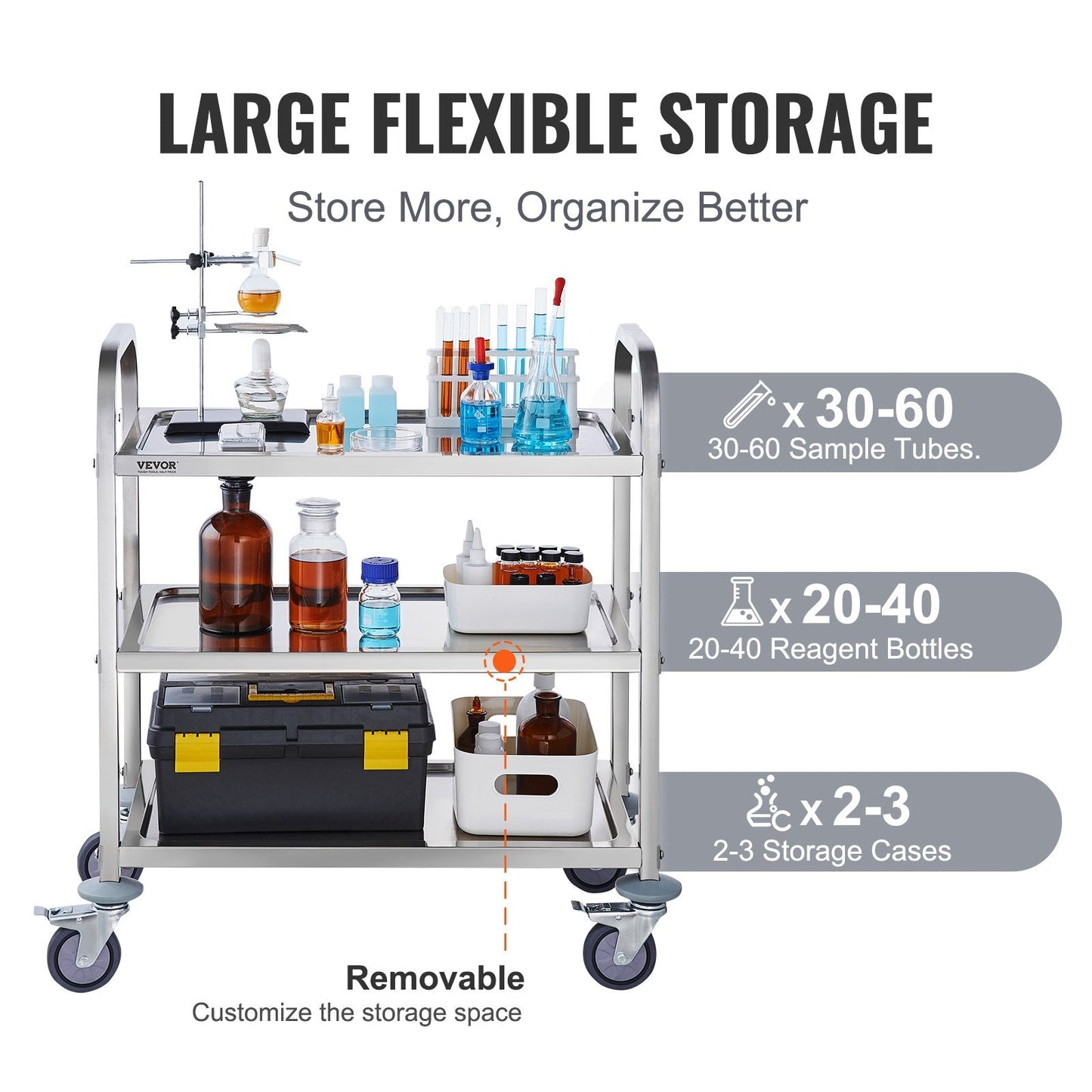 Stainless Steel Cart, 3 Layers Lab Utility Cart 181 kg Weight Capacity, Medical Cart with Lockable Universal Wheels, for Lab, Clinic, Kitchen, Salon