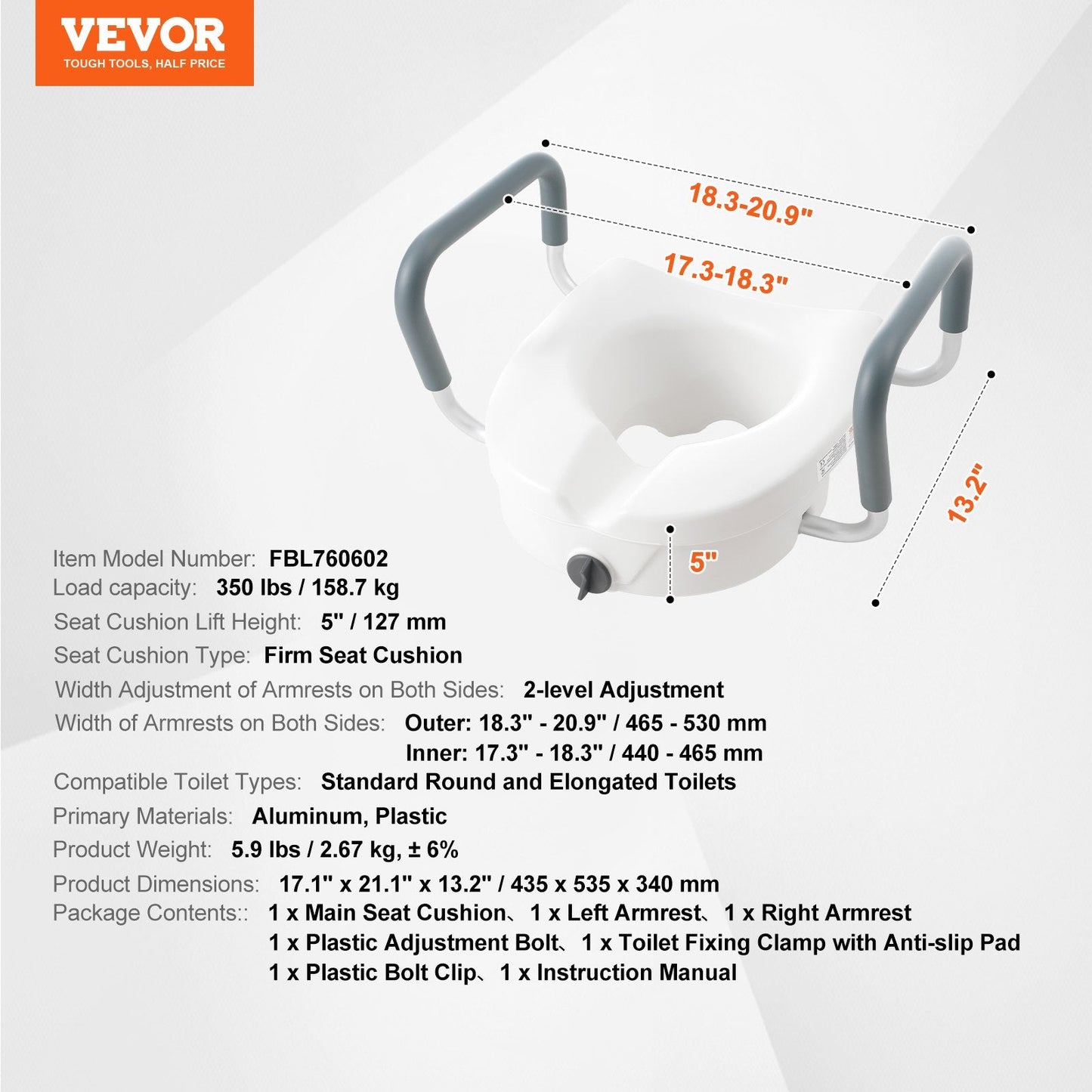 Raised Toilet Seat, 5" Height Raised, 350 lbs Weight Capacity, for Round and Elongated Toilet, Twist Lock Installation,19.1" - 21.7" Adjustable Width, for Elderly, Handicap, Patient, Pregnant, M