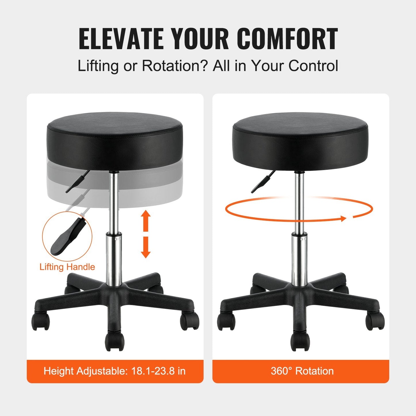 Rolling Stools with Wheels, 400 LBS Weight Capacity Adjustable Height Stool with Ultra-Thick Seat Cushion, Swivel Stools Chair for Salon, Bar, Home, Office, Tatoo, Medical, Massage, Black