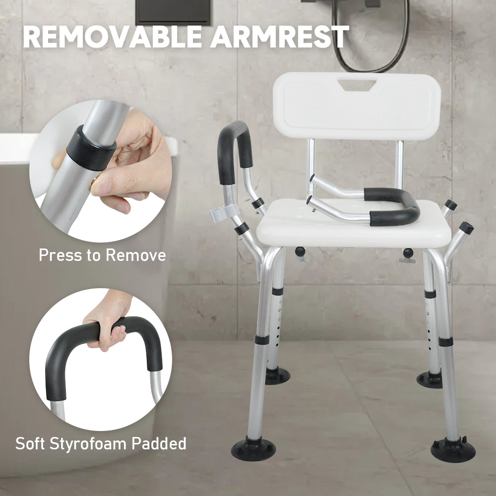 Shower Seat Bath Chair - Adjustable Non-Slip with Padded Arms & Removable Back