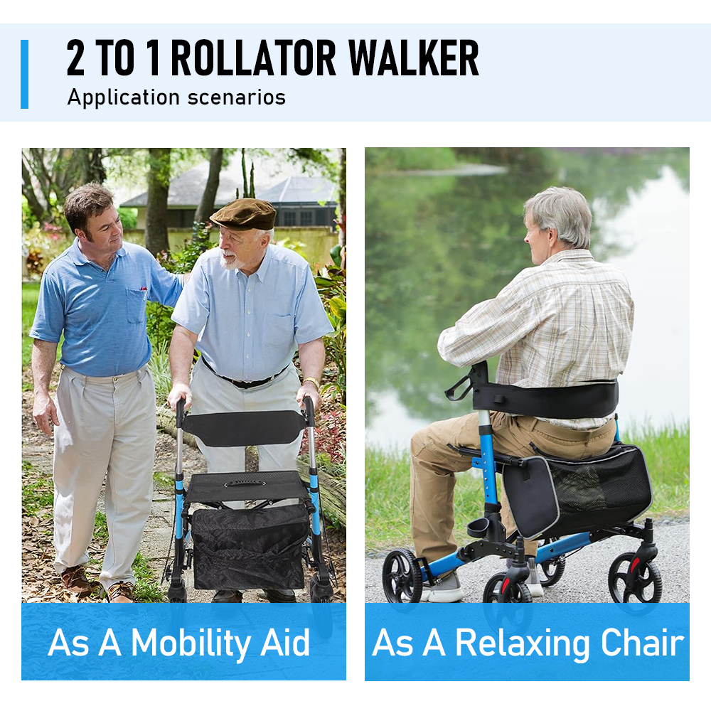 Foldable 2-in-1 Rollator Walker Chair - 8 Wheels 136kg Capacity Storage Bag