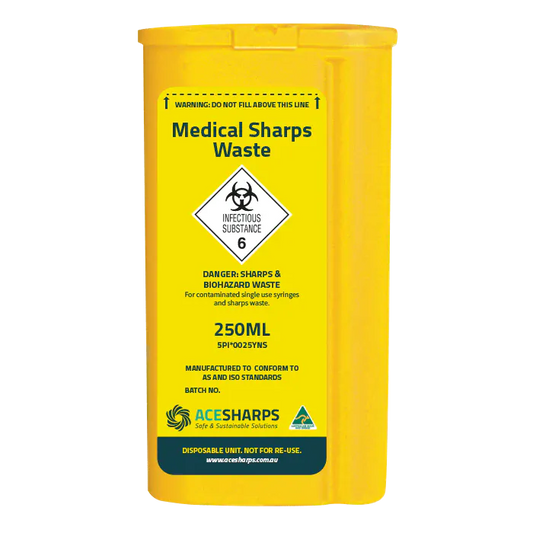 Ace Sharps Waste Container Yellow 1ml Syringe Six Pack 250ml