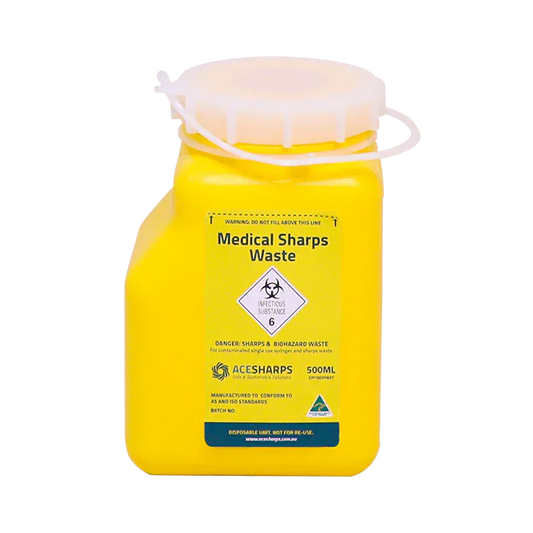 Ace Sharps Waste Container Yellow Non Spill Screw Top 500ml
