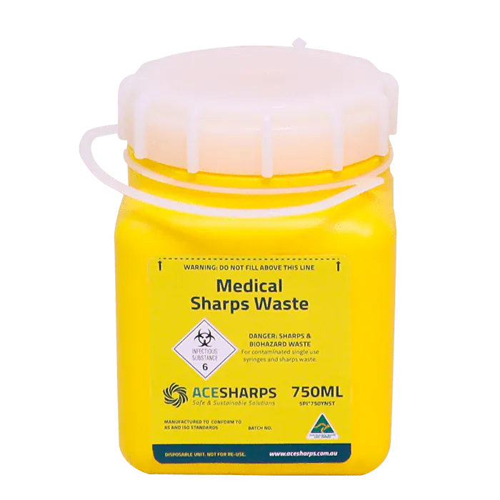 Ace Sharps Waste Container Yellow Non Spill Screw Top 750ml