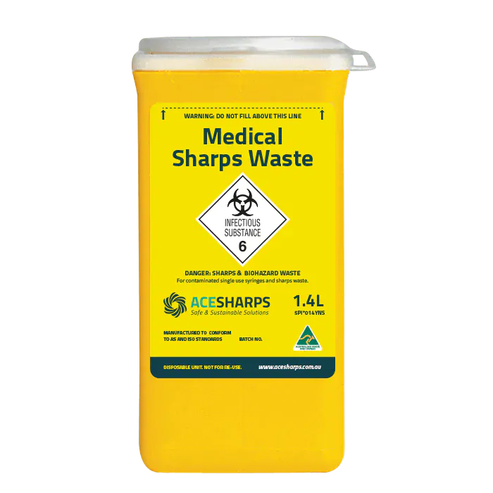 Ace Sharps Waste Container Yellow Non Spill Snap on Lid 1.4 Litre