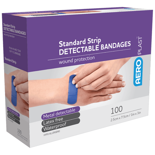 Aero Healthcare Adhesive Plasters AEROPLAST Standard Detectable Strips 7.5 x 2.5cm Box/100