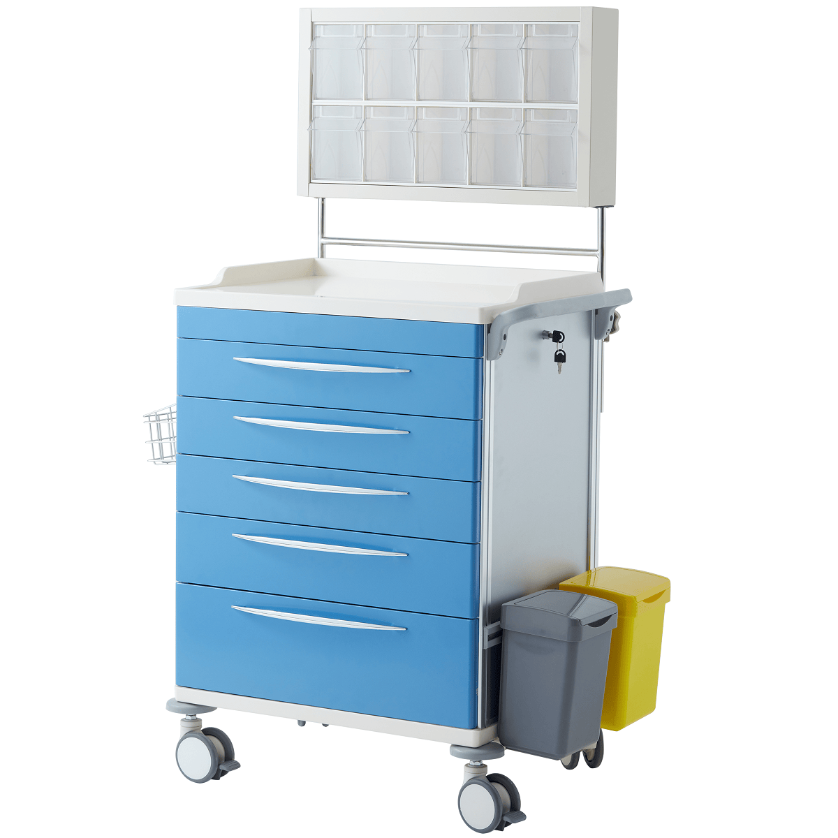 Anaesthesia Trolley with 5 x Blue Drawers and Lockable Storage Containers