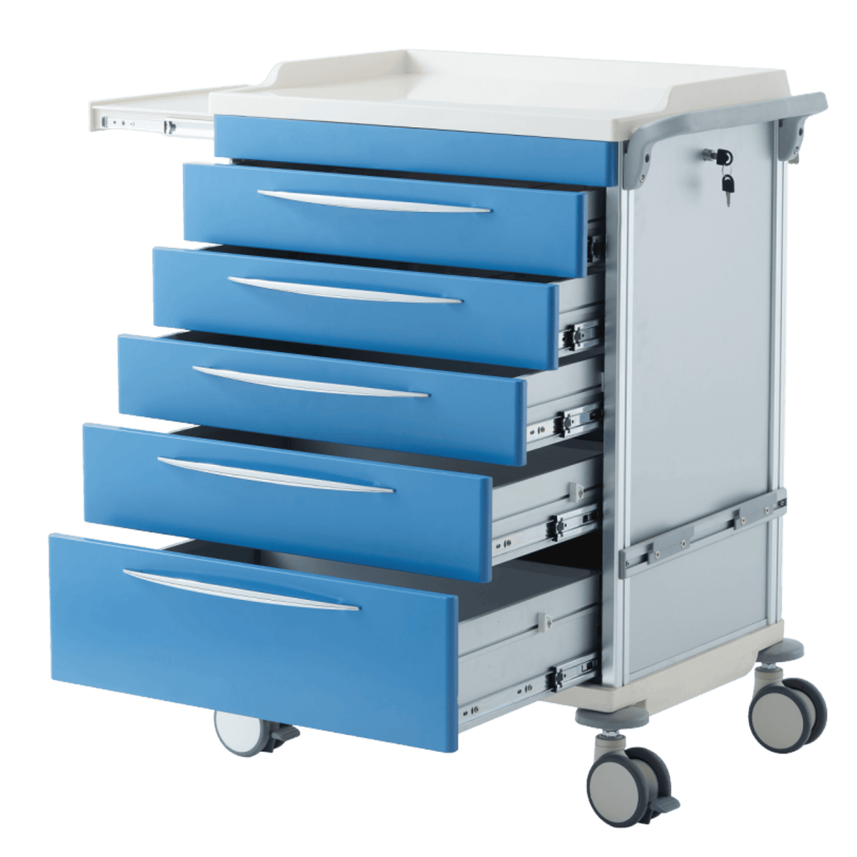 Anaesthesia Trolley with 5 x Blue Drawers and Lockable Storage Containers